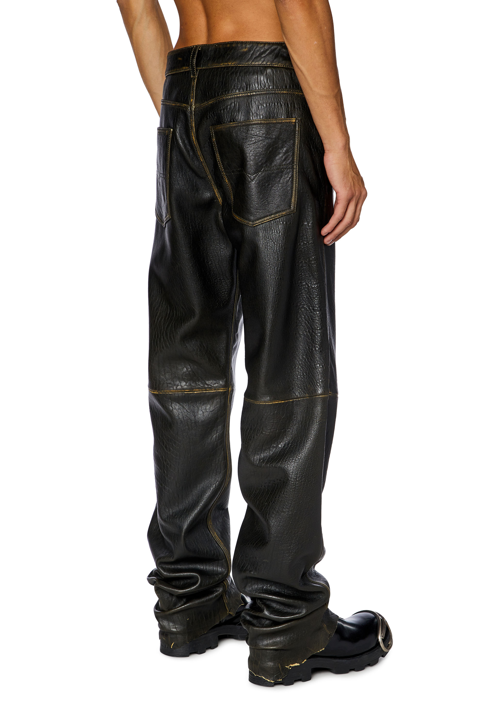 Diesel - P-KOOMAN, Man Textured leather pants with logo cut-out in Brown - Image 2