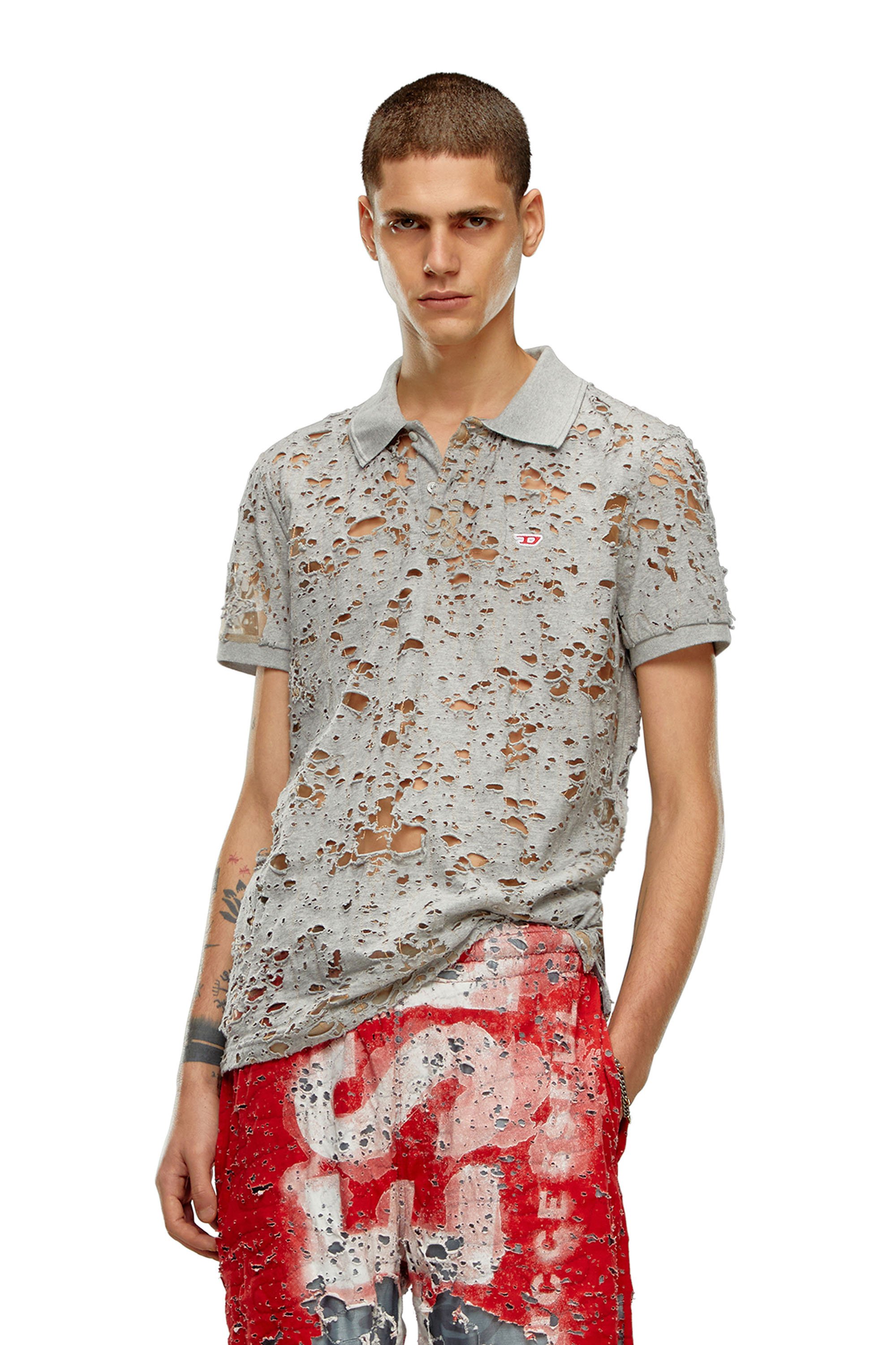 Diesel - T-SMITH-DEVOR, Man Tulle polo shirt with destroyed jersey in Grey - Image 1