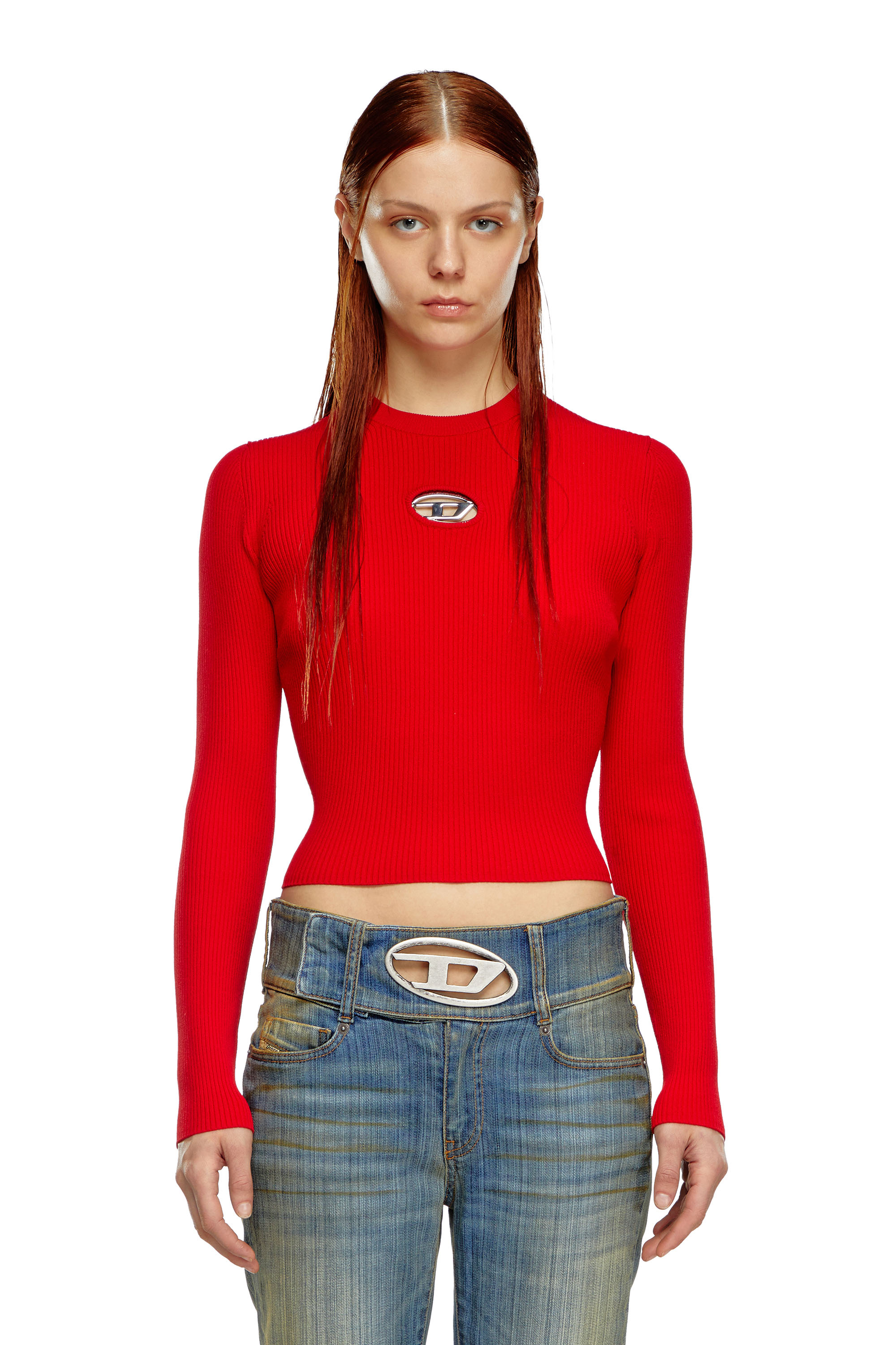 Diesel - M-VALARI, Mujer Top de mezcla de viscosa tejido en canalé con Oval D in Rojo - Image 1