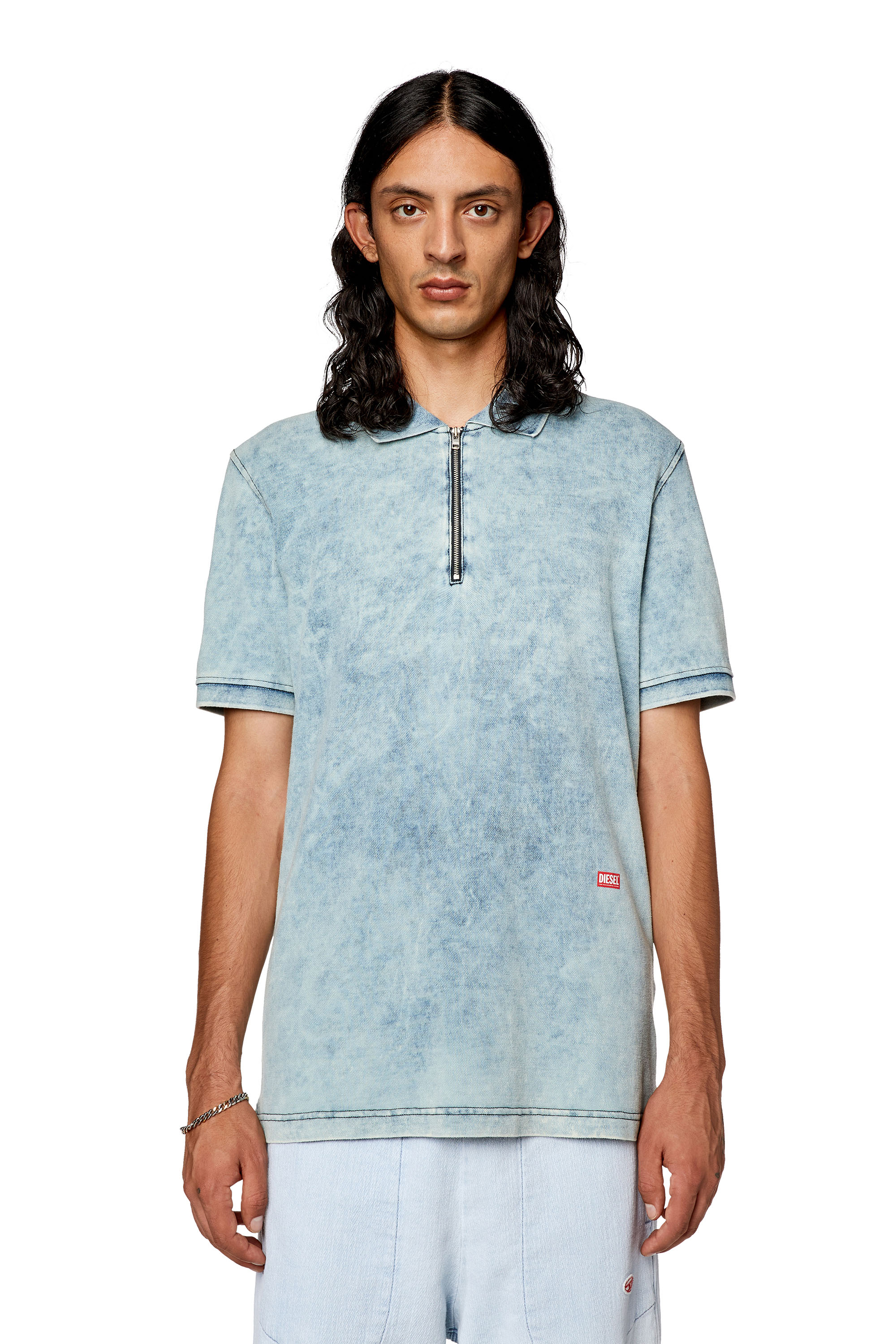 Diesel - T-SMITH-ZIP, Man Polo shirt in faded piqué in Blue - Image 3