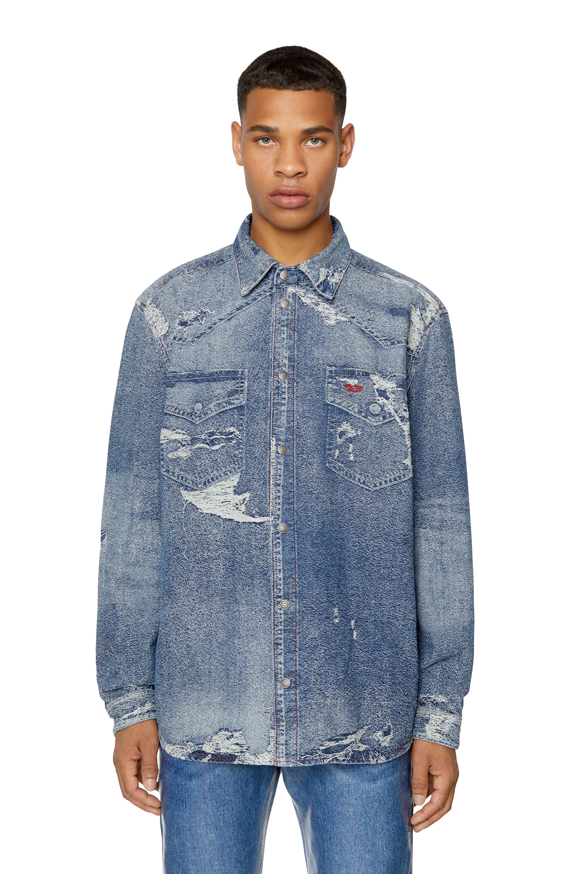 Diesel - D-SIMPLY-OVER, Man Jacquard shirt with trompe l'oeil effect in Blue - Image 1