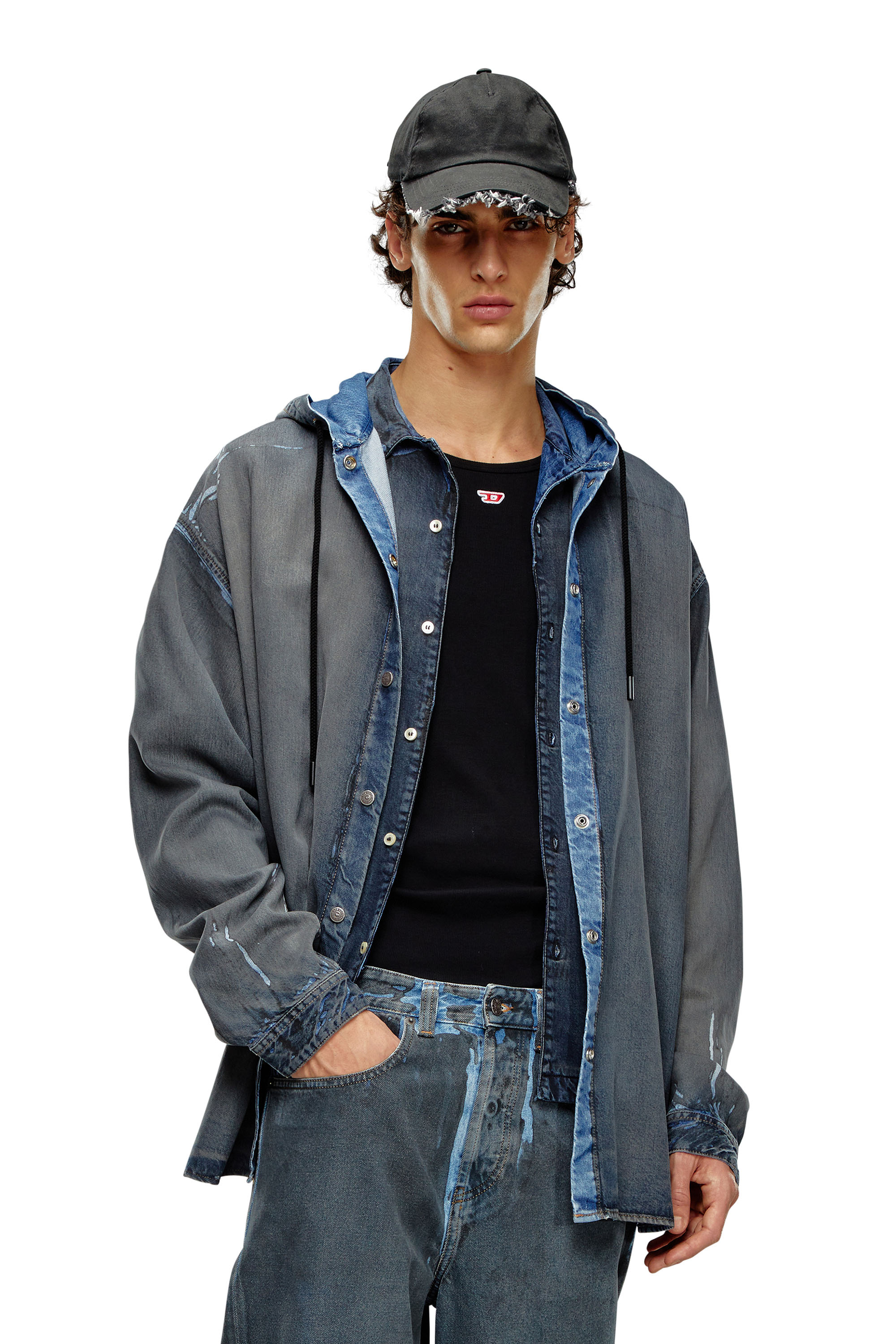 Diesel - D-DEWNY-HOOD-S1, Man Hybrid shirt in worn-effect coated denim in Blue - Image 1