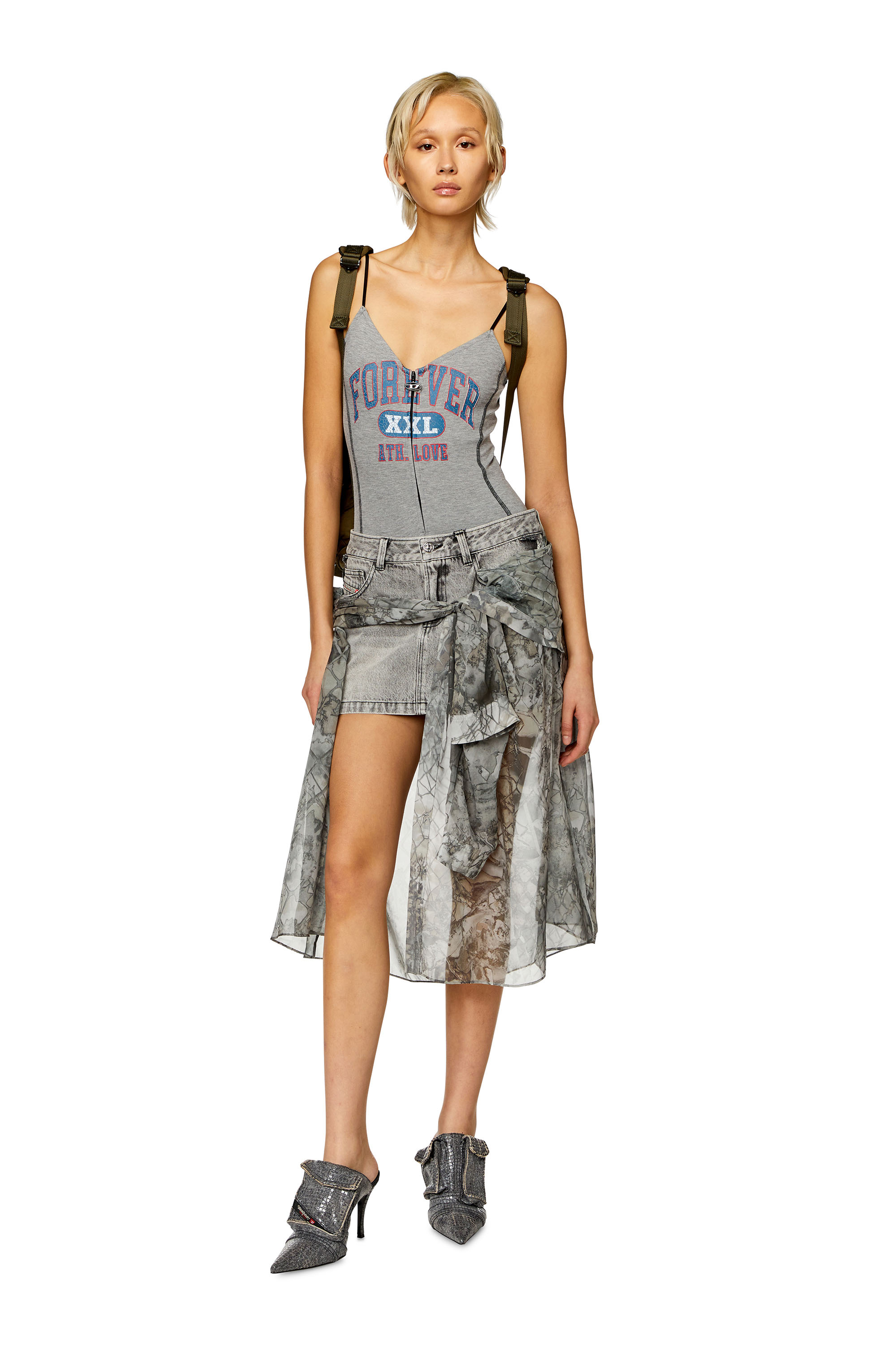 Diesel - O-JEANY, Mujer Minifalda en denim con capa de chifón in Gris - Image 2