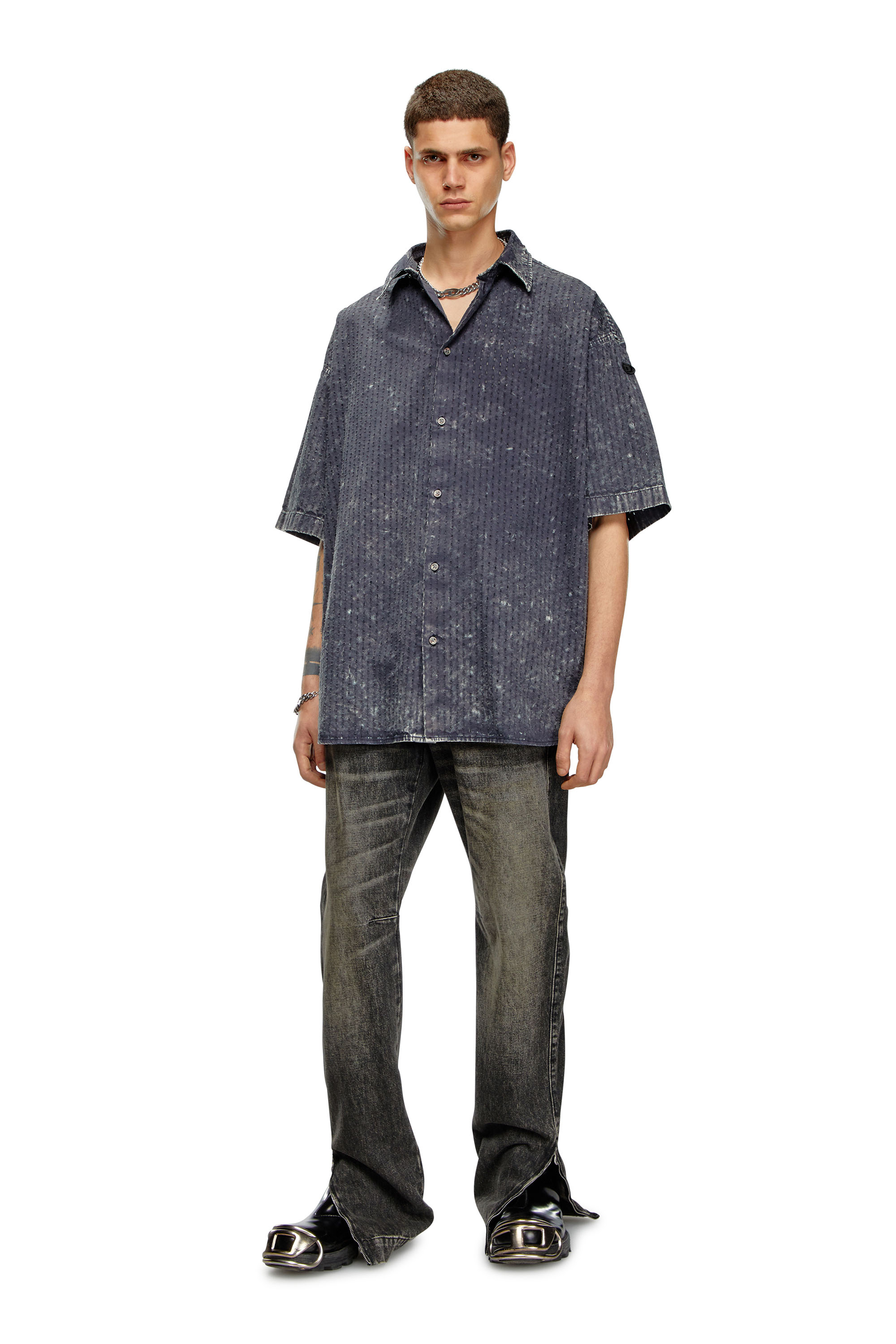 Diesel - S-LAZER, Man Perforated acid-wash short-sleeve shirt in Grey - Image 3