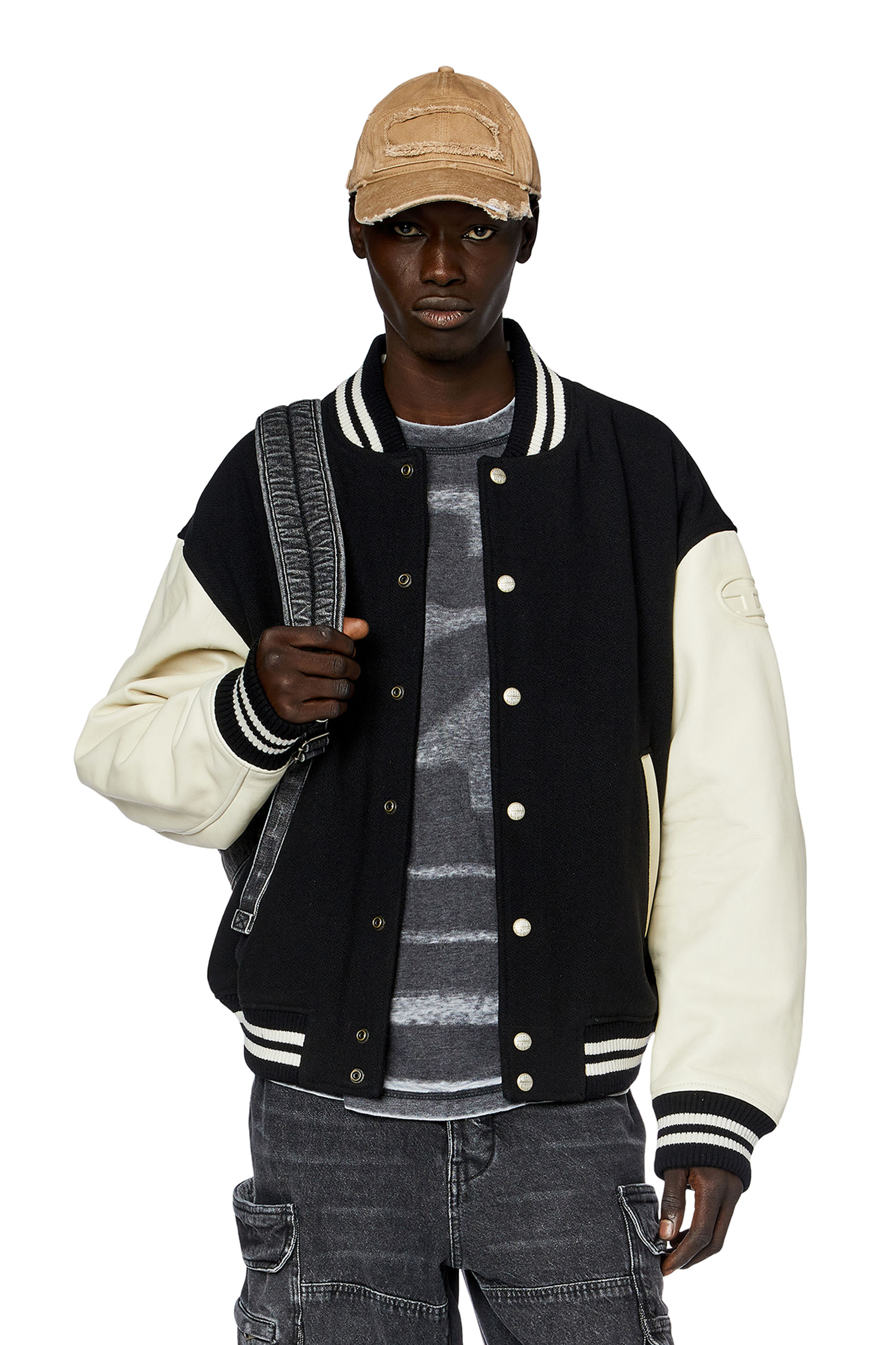 Diesel - L-FRANZ, Man Bomber jacket in leather and wool in Multicolor - Image 1