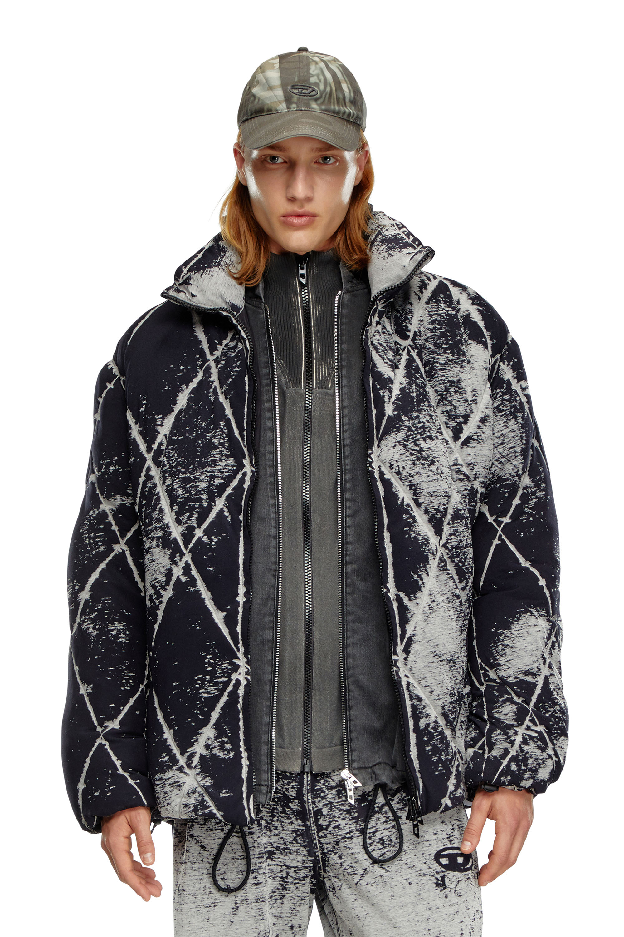 Diesel - W-MARCEL, Man Puffer jacket in burn-out jersey in Black - Image 1