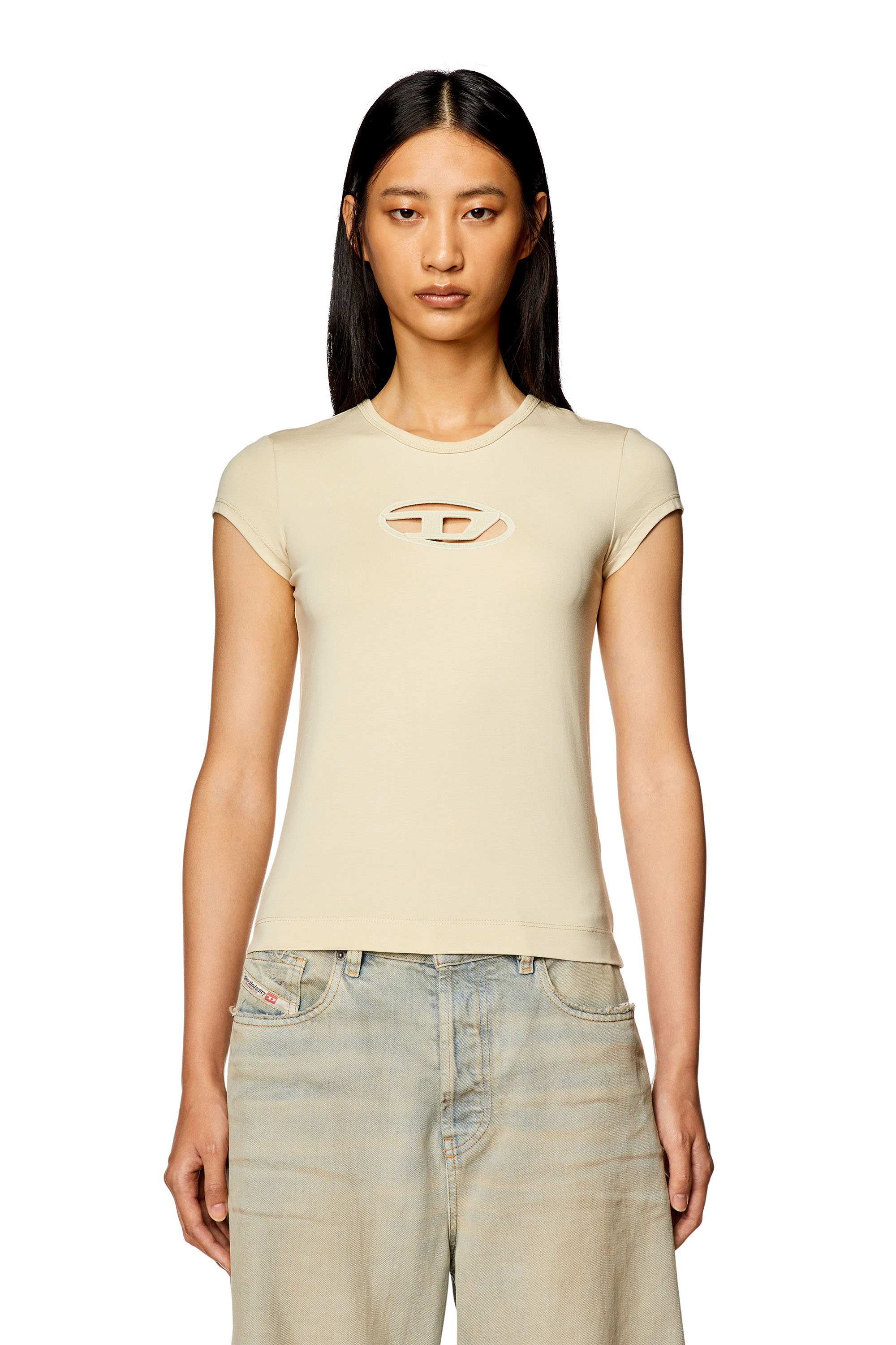 Diesel - T-ANGIE, Woman T-shirt with peekaboo logo in Beige - Image 5