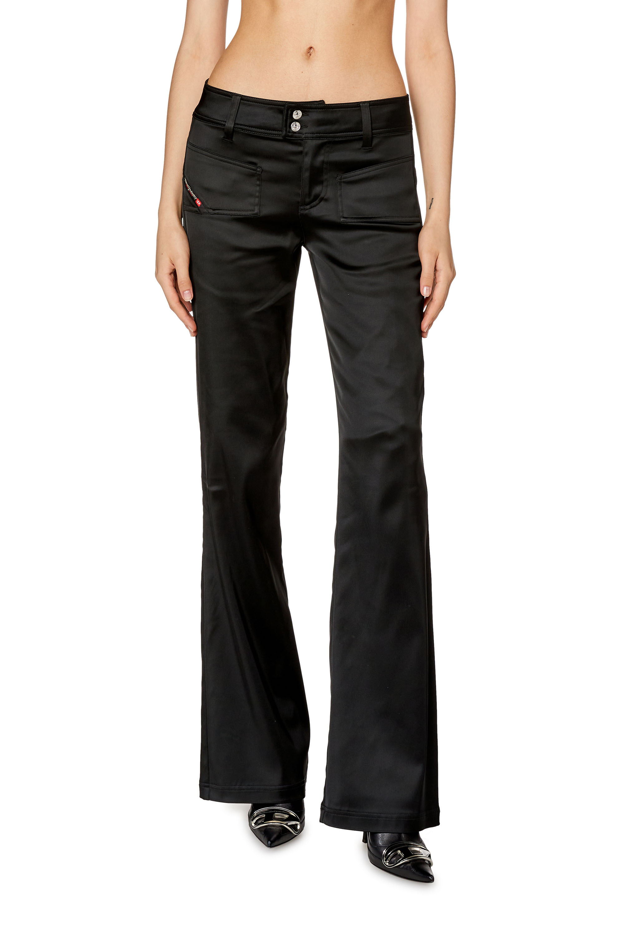 Diesel - P-STELL, Woman Flared pants in shiny stretch satin in Black - Image 1