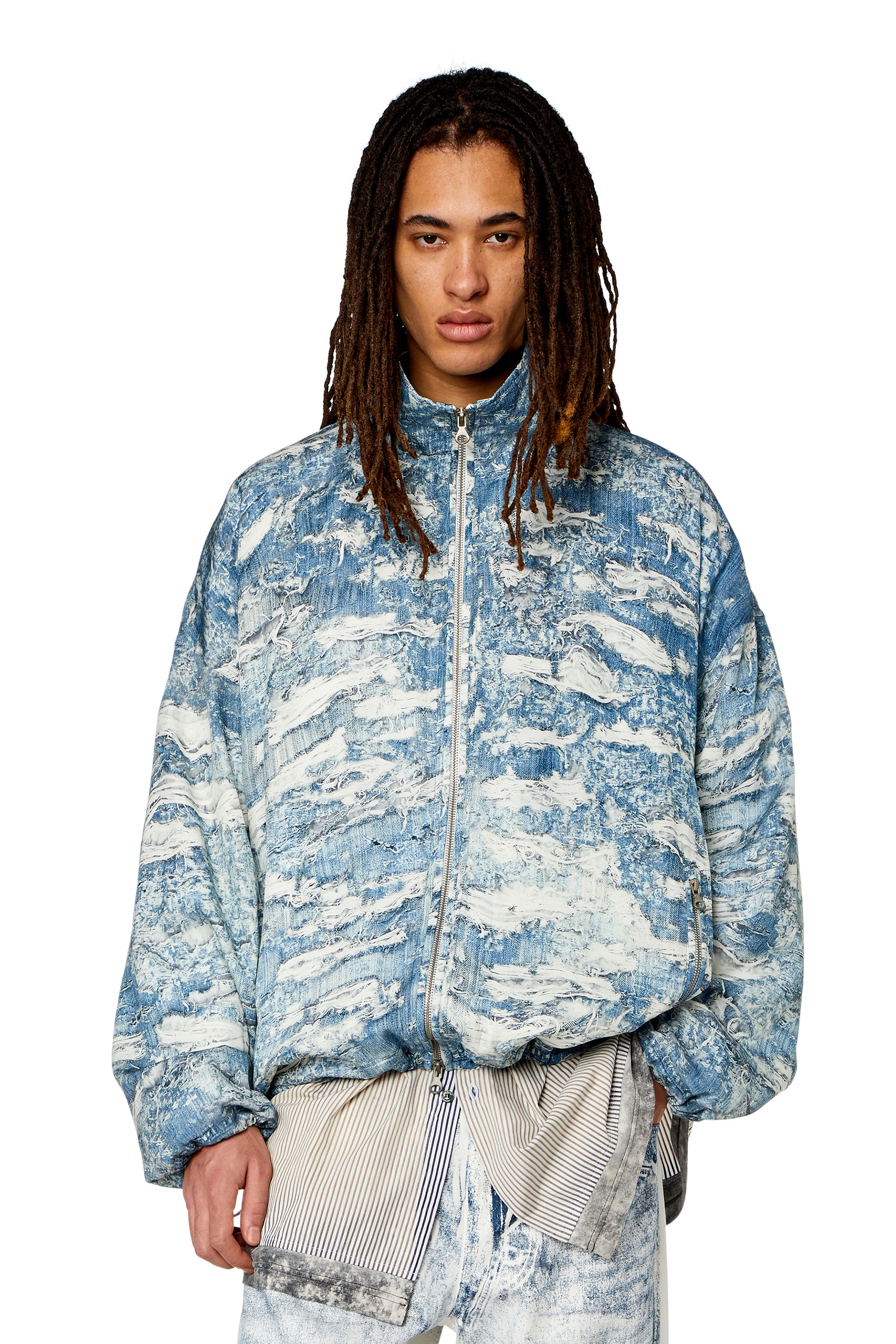 Diesel - J-ALSTON, Man Windbreaker with Tiger Breaks denim print in Blue - Image 1