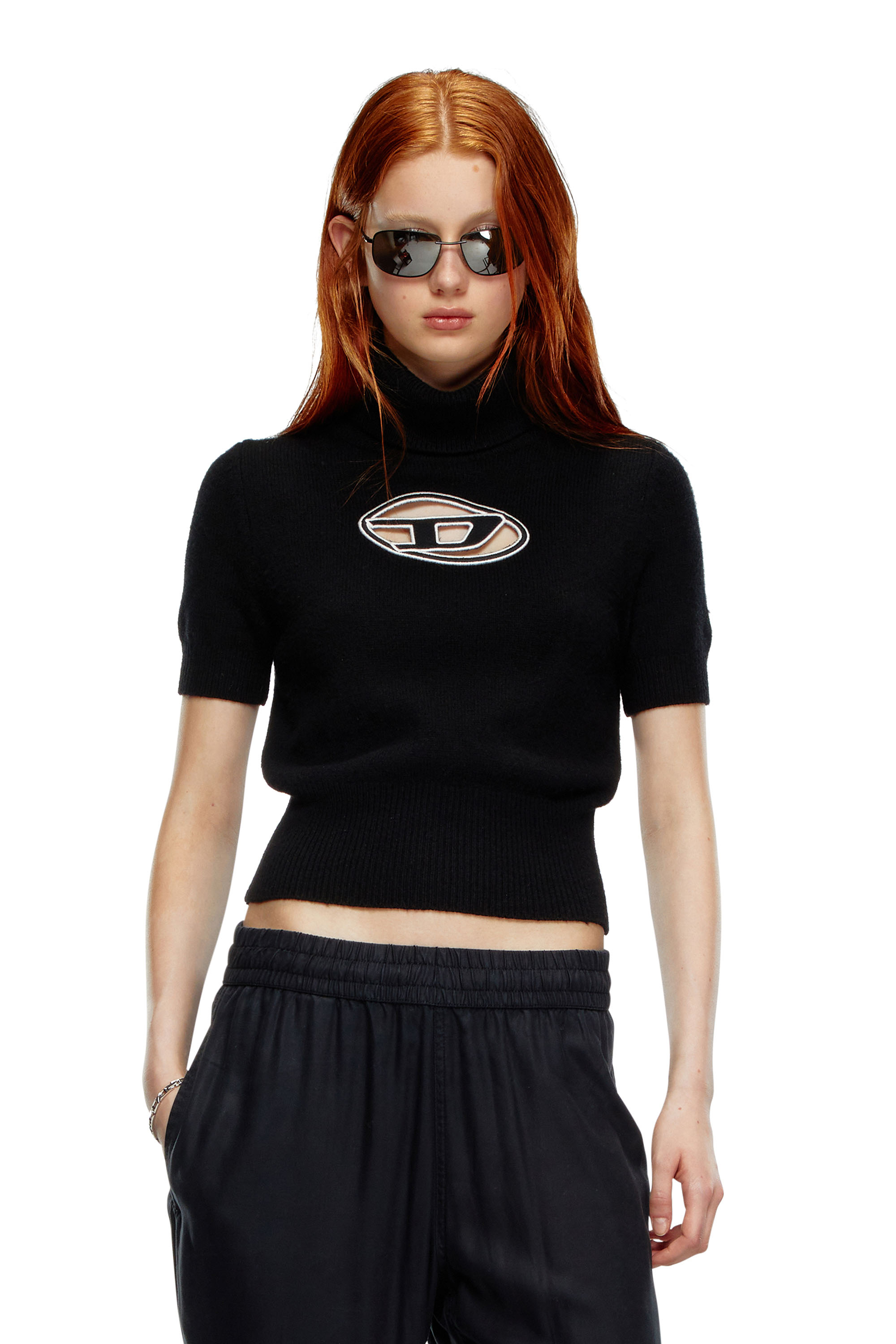 Diesel - M-ARGARET, Woman Short-sleeve jumper with cut-out logo in Black - Image 1