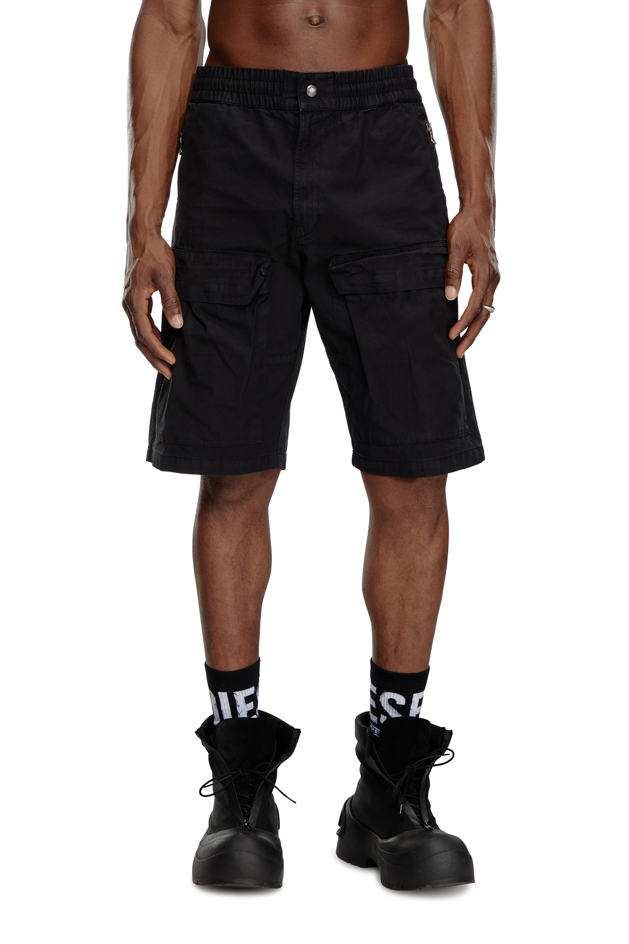 Diesel - P-BEECK-SHORT, Man Cargo shorts in faded organic cotton in Black - Image 1