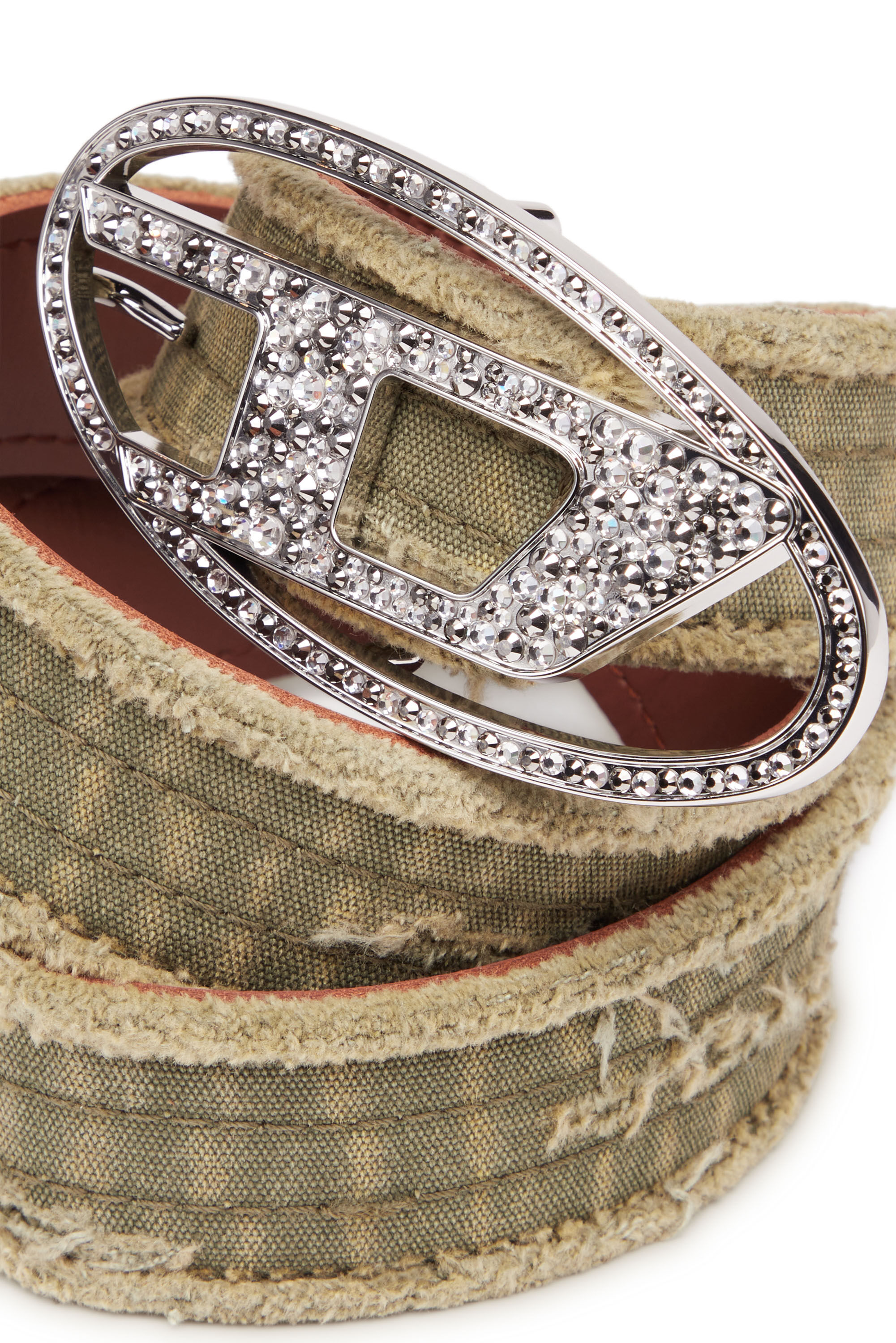 Diesel - B-1DR STRASS, Woman's Canvas and leather belt with crystals in Military Green - 3