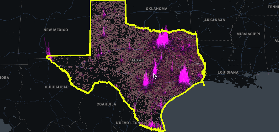 The population density of Texas, shown using a Hexagon Layer visualization.