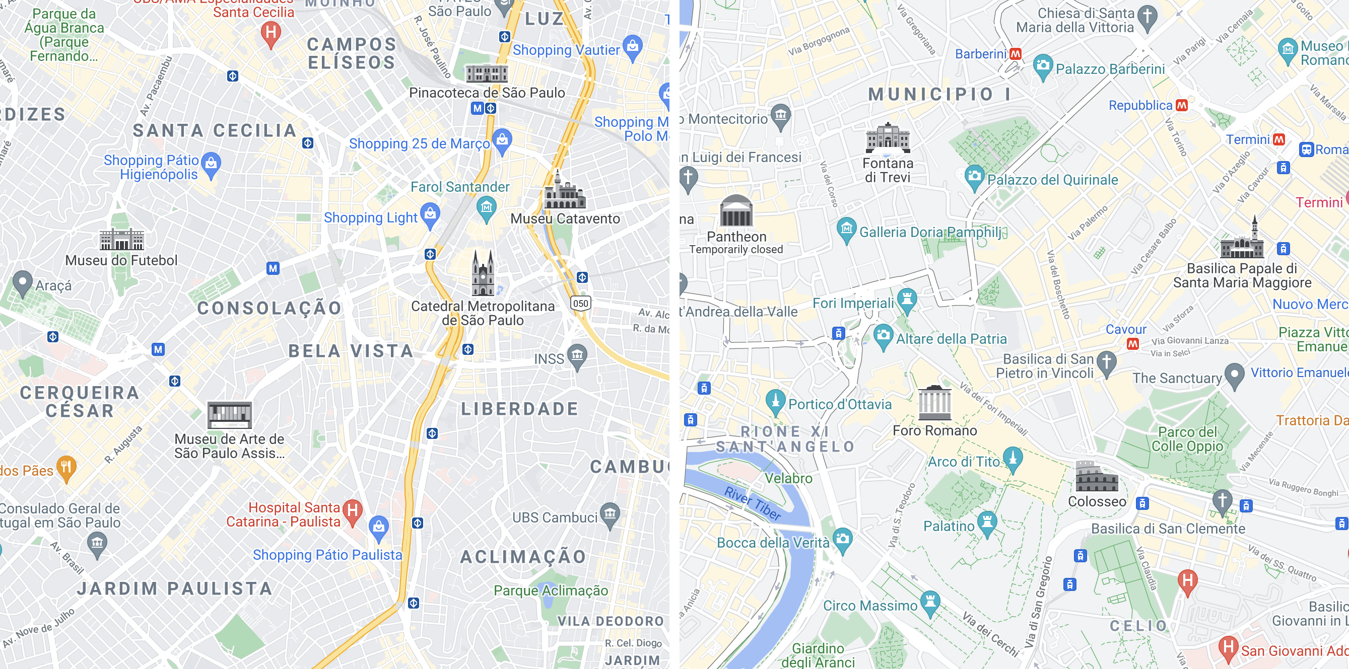 Landmarks in Sao Paulo (left) and Rome (right)