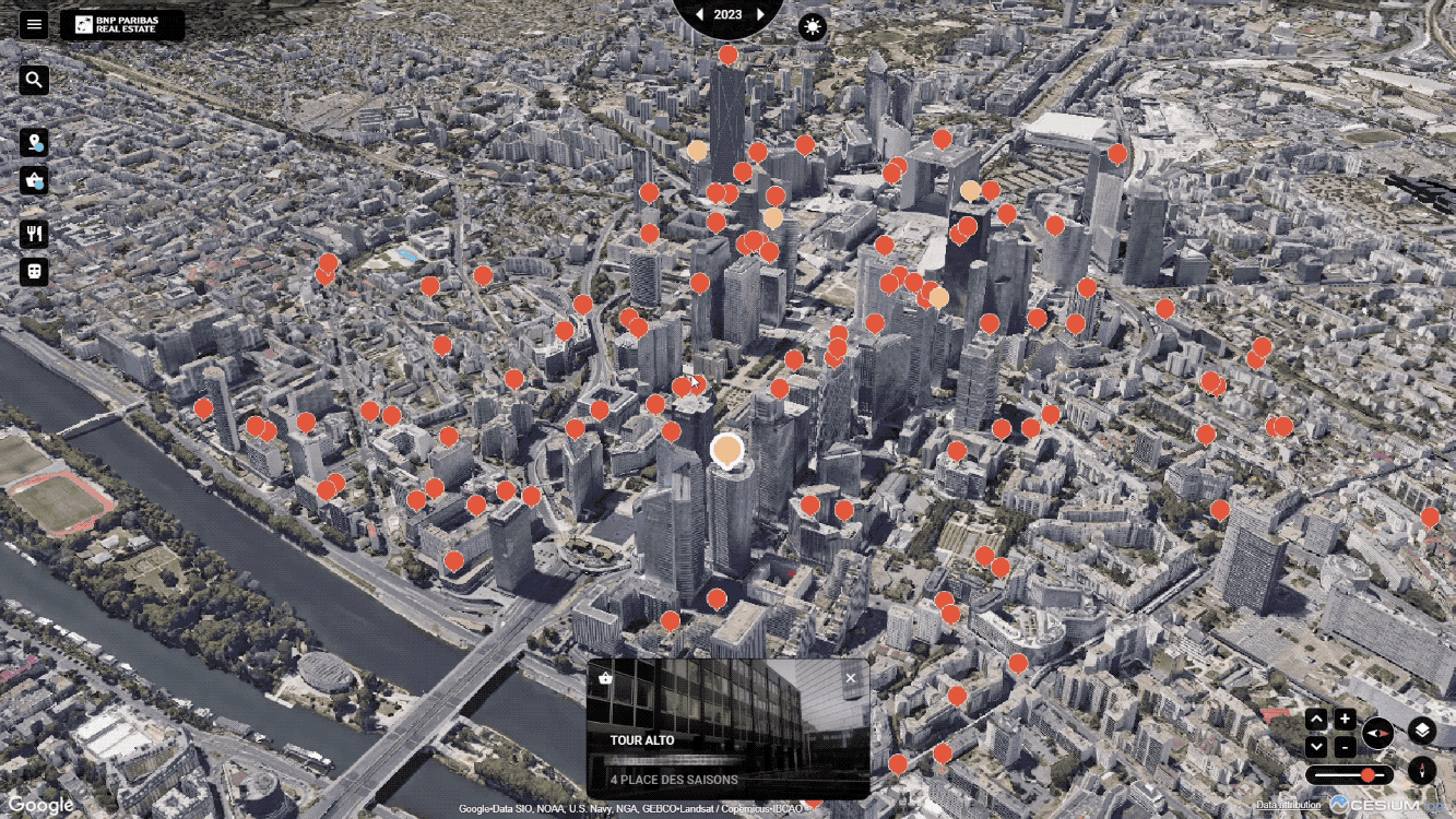 A 3D visualization of the city of Paris highlighting how the real estate landscape and the city infrastructure may change over time