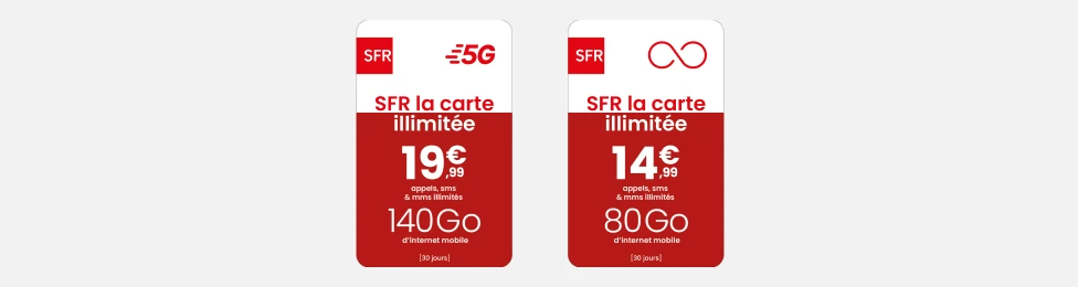 Envie de mieux gérer votre budget ? Adhérer facilement à l’environnement SFR La Carte pour profiter de la qualité du réseau mobile 4G+ et 5G de SFR à petit prix et sans engagement. Nos offres prépayées permettent de choisir la recharge la plus adaptée aux usages recherchés.